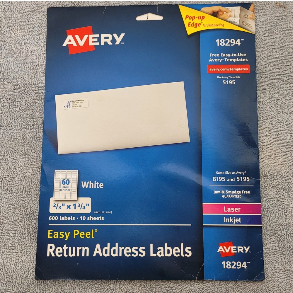 Avery 18294 Easy Peel White Return Address Labels 2/3 x 1 3/4 Inch 600‎ Count
